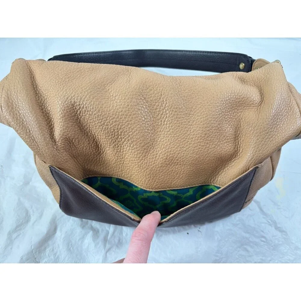 Oryany Adele Colorblock Tan & Brown Pebbled Leather Hobo Shoulder Handbag